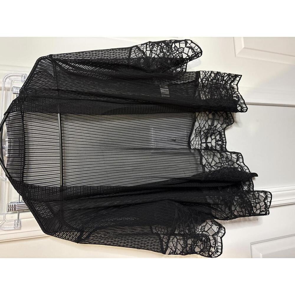 Black Sheer Mesh Kimono with Lace Trim, Size Large